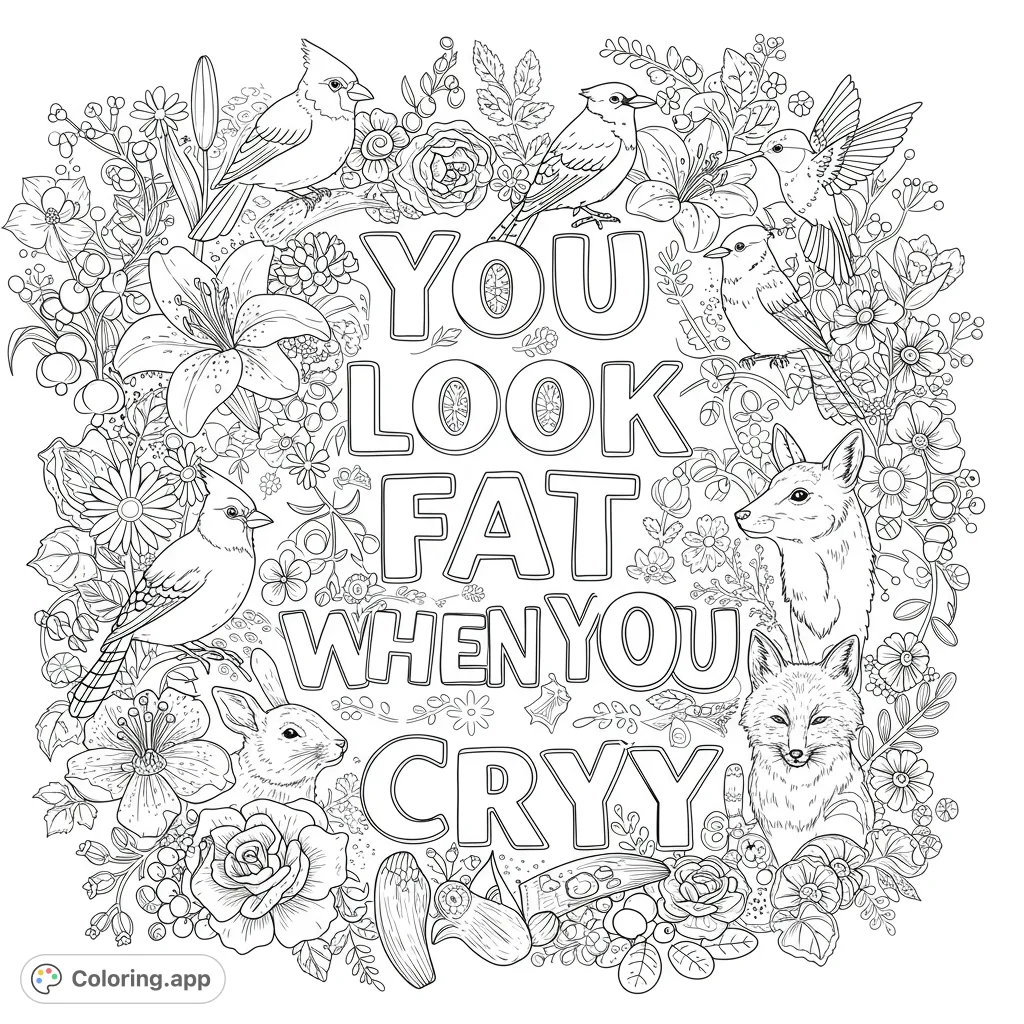 Intricate nature-themed coloring page with a bold central quote, surrounded by detailed birds, foxes, rabbits, and lush floral designs. Perfect for adults.
