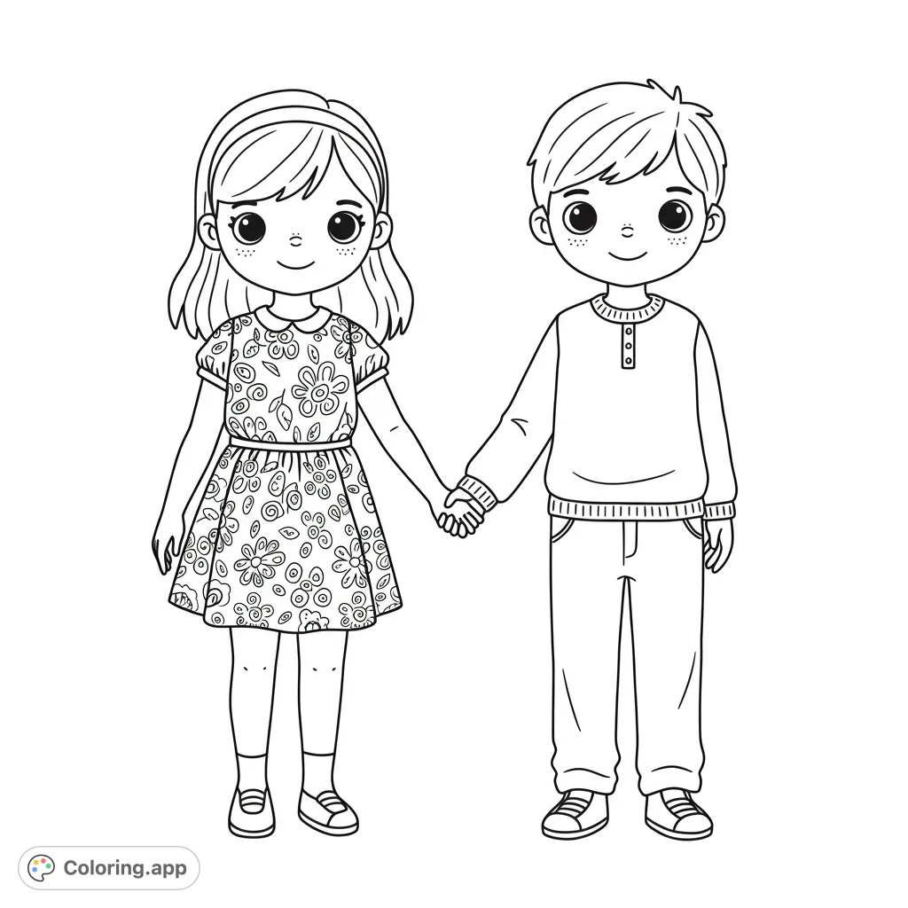 A charming free printable coloring page featuring a happy boy and girl holding hands, perfect for kids and friendship themes. Ideal for all ages.