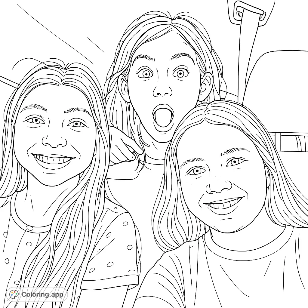 A lively coloring page featuring three happy girls in a car, capturing a fun moment. Perfect for kids and teens to color and personalize.