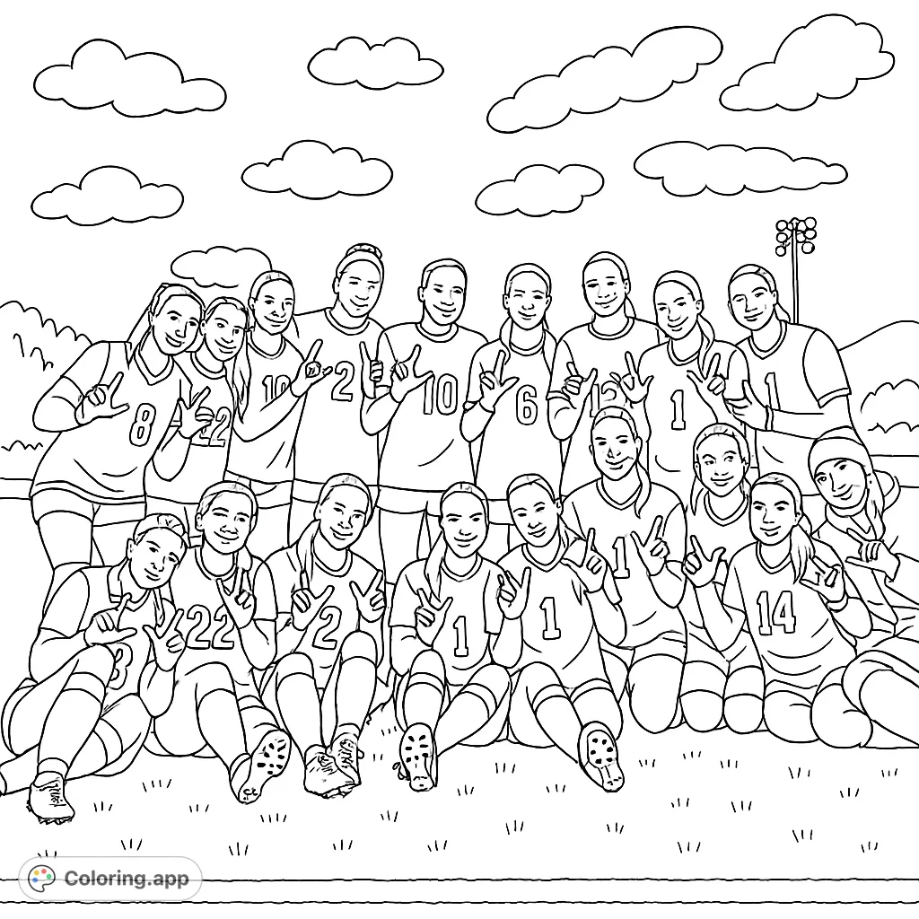 A vibrant volleyball coloring page featuring a group of female athletes celebrating on a grassy field, perfect for free printable coloring page fun!