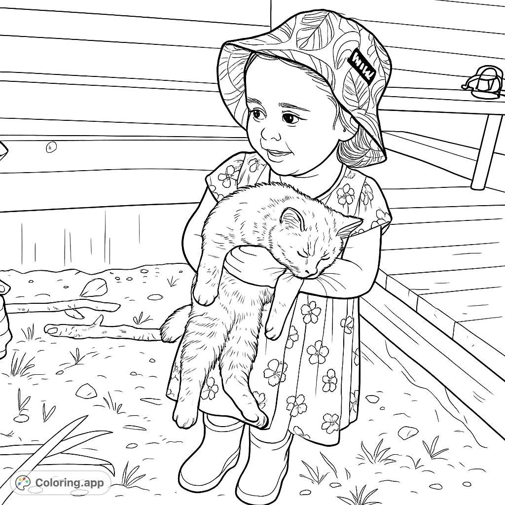 Adorable child in a hat and boots gently holds a sleeping cat. A heartwarming scene perfect for a free printable coloring page for kids and adults.