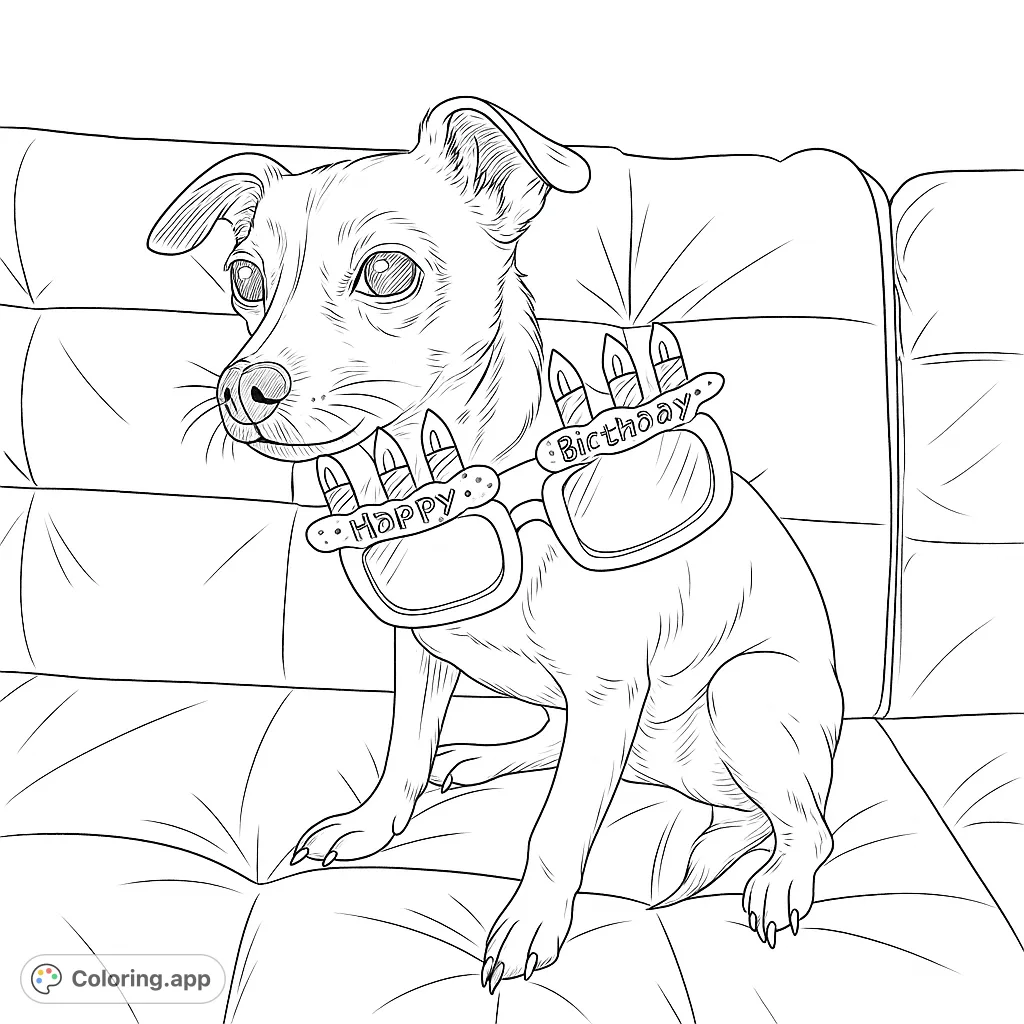A delightful small dog wearing fun birthday glasses sits on a cozy sofa, ready for a celebration. Perfect for pet lovers and festive coloring fun!