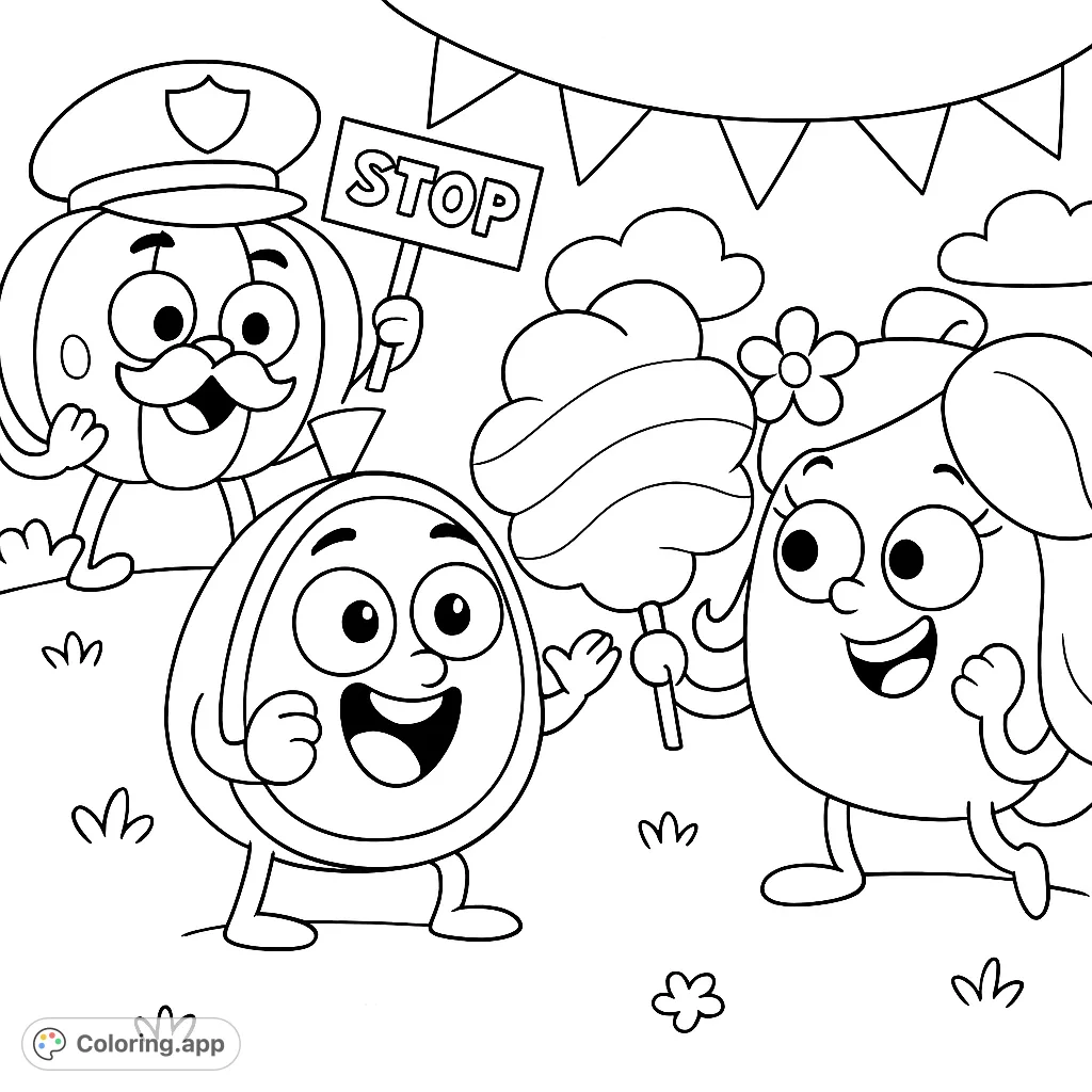 Join three happy, round characters: a police officer, a cheerful friend, and a cotton candy lover, enjoying a festive outdoor scene. Perfect for kids!