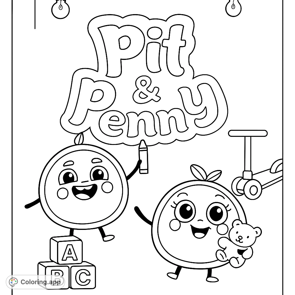 Join Pit & Penny, two cheerful characters, for a fun playtime adventure! Featuring ABC blocks, a crayon, and a teddy bear, perfect for kids.