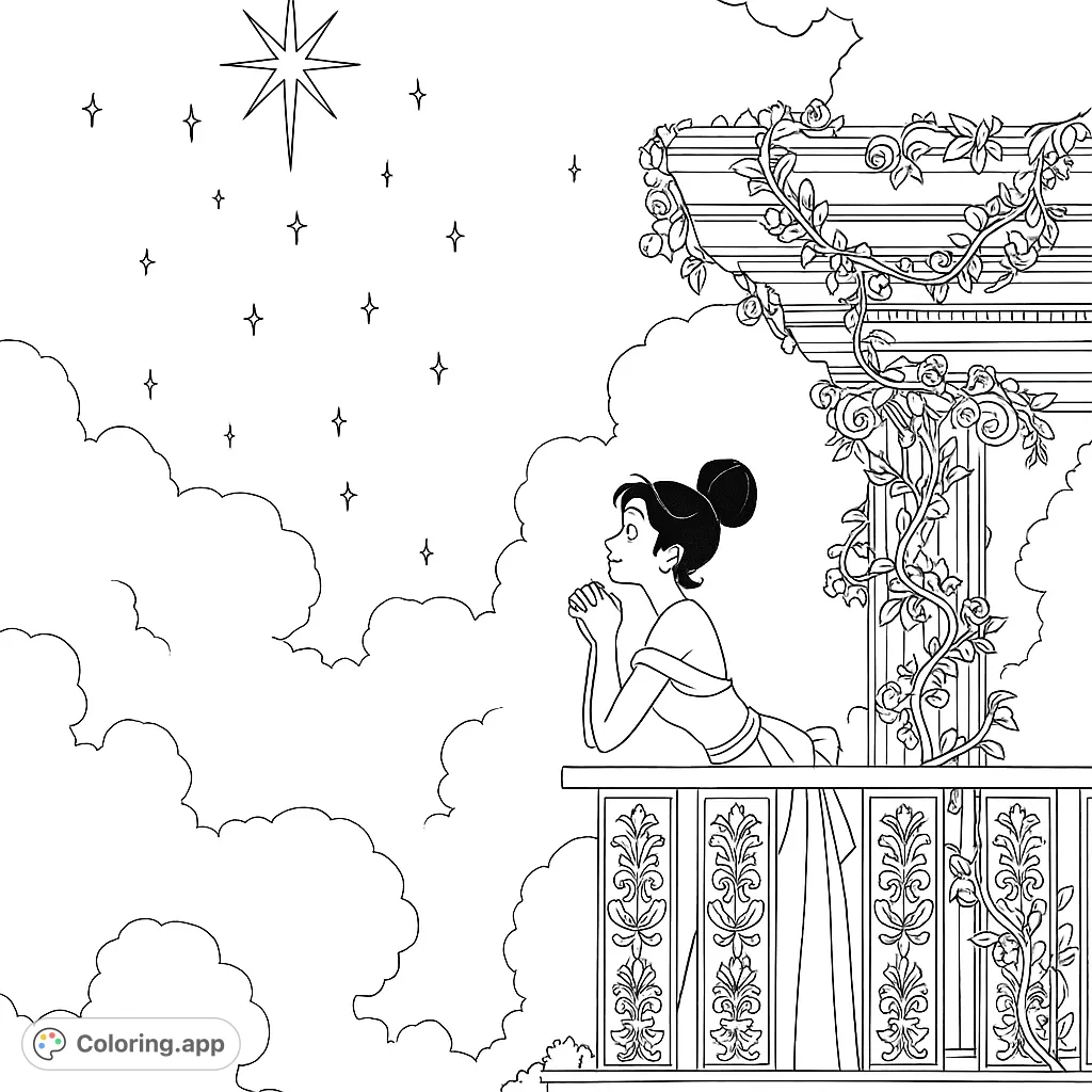 A serene girl on a balcony gazes at a starry night sky, adorned with a large guiding star and climbing roses. A magical, free printable coloring page.