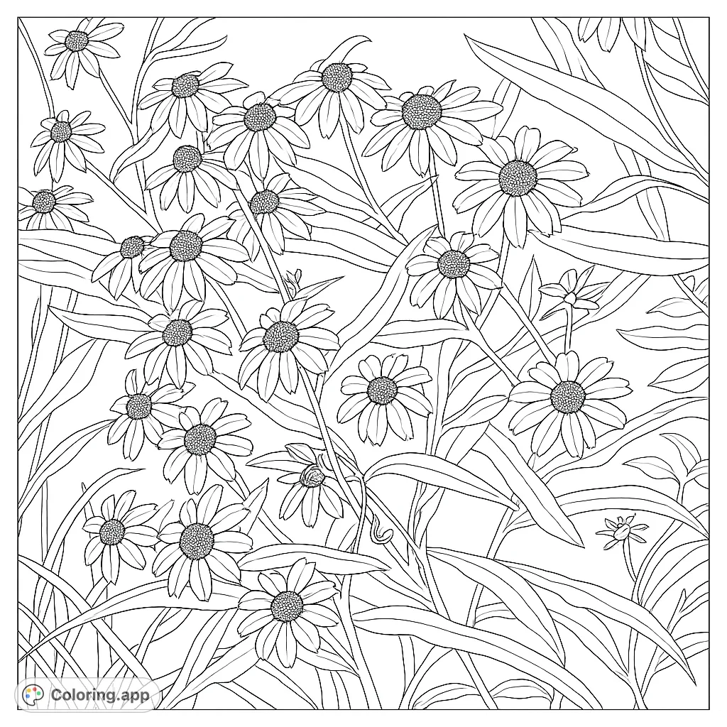 Immerse yourself in a beautiful flower garden coloring page, featuring a dense array of daisy-like blossoms and lush foliage. A free printable coloring page for all ages.