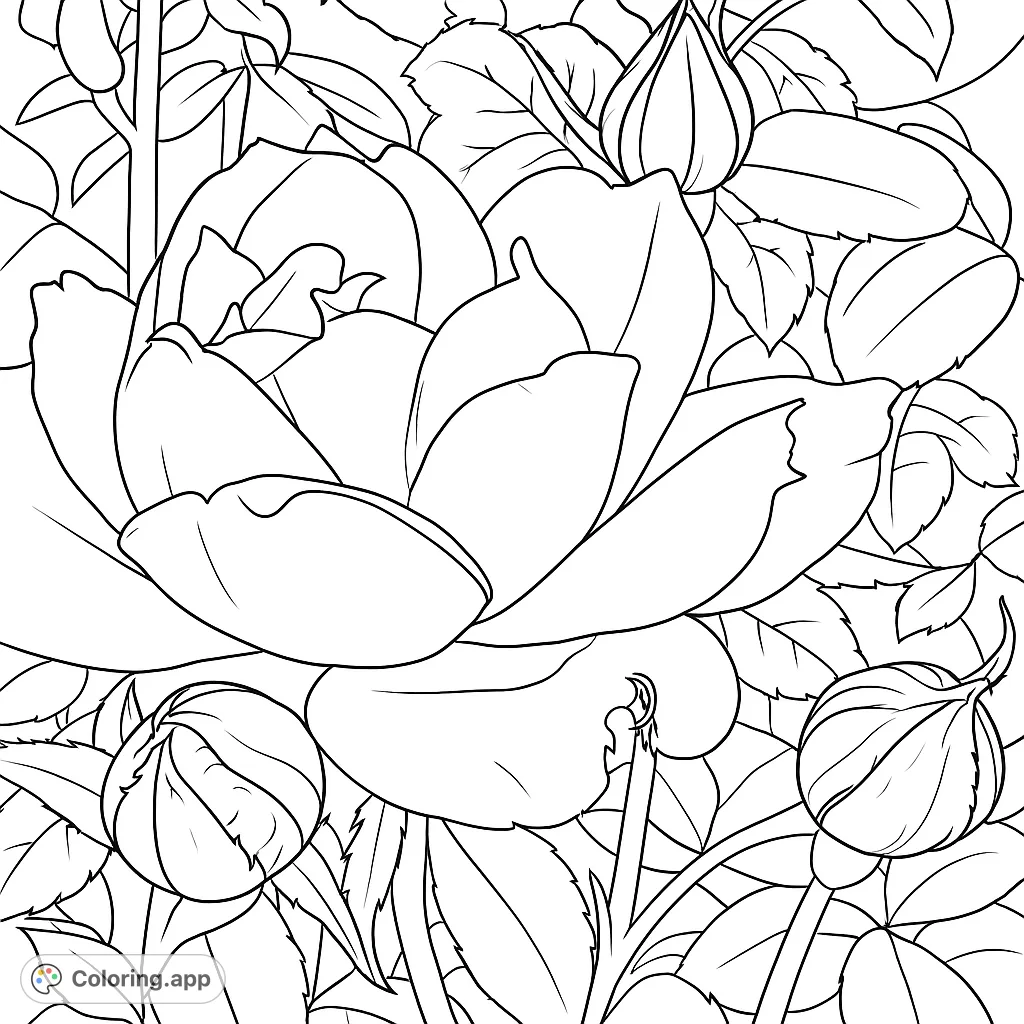 A beautiful rose coloring page featuring a large blooming rose, surrounded by intricate buds and lush leaves. Perfect for nature lovers!