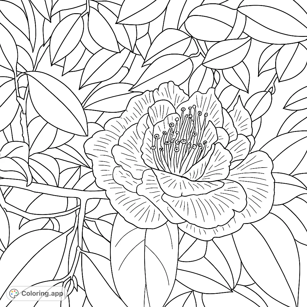 Discover a beautiful floral coloring page featuring a detailed blooming flower surrounded by lush leaves. Perfect for nature lovers and mindful coloring.