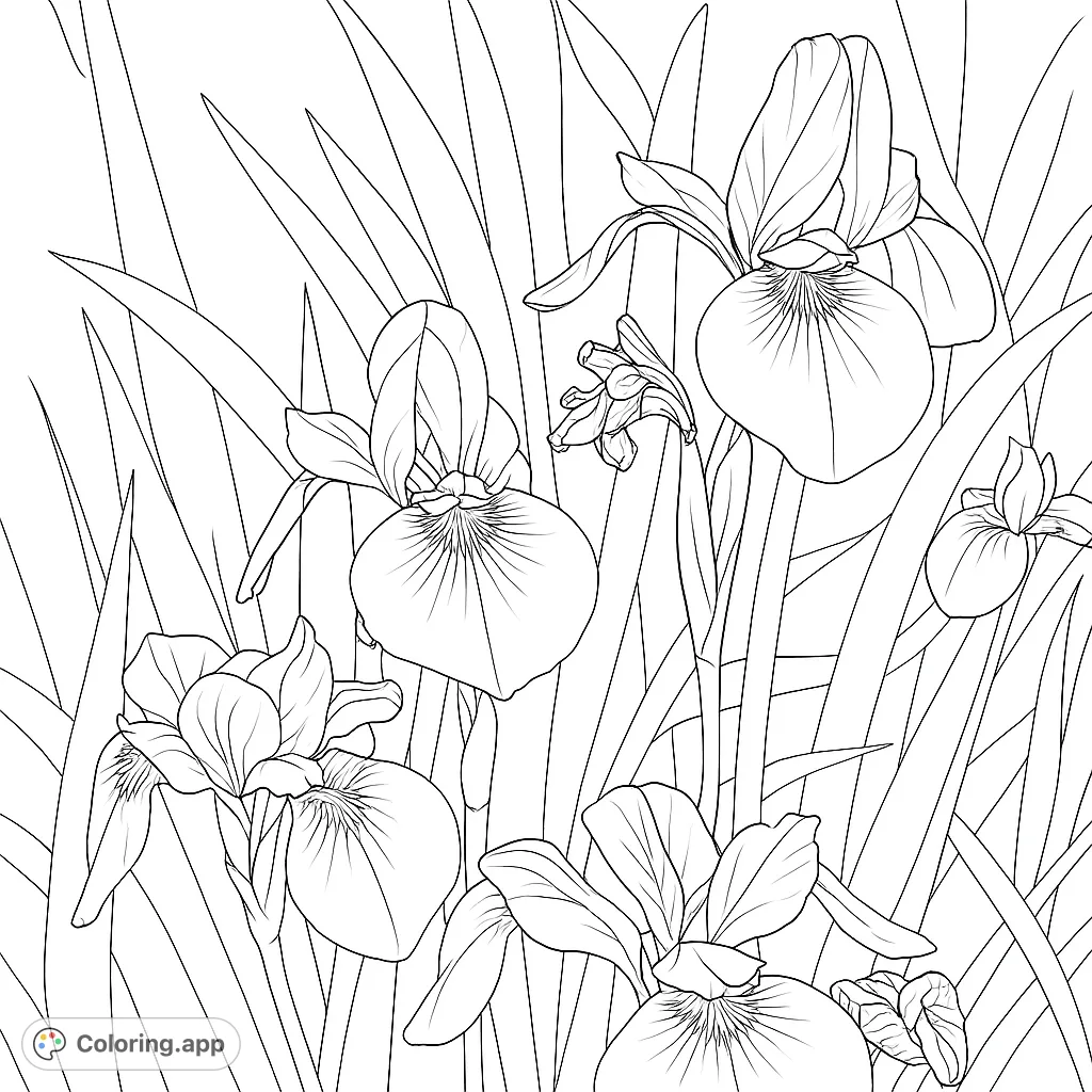 Discover a beautiful iris garden coloring page. Features elegant iris flowers with intricate petals and lush leaves, perfect for a relaxing creative escape.