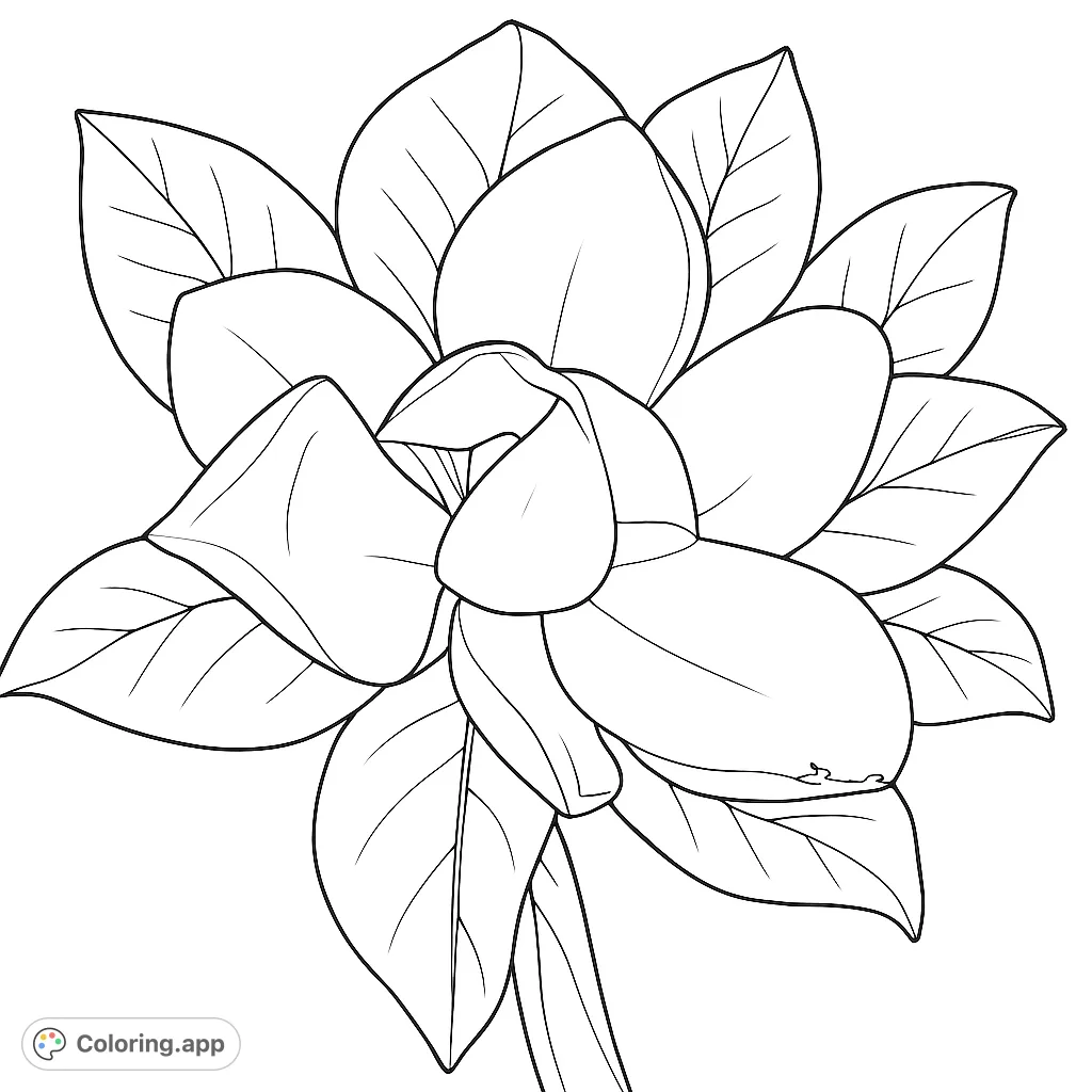 A beautiful floral coloring page featuring a large, detailed magnolia or gardenia bloom with multiple petals and surrounding leaves, perfect for all ages.