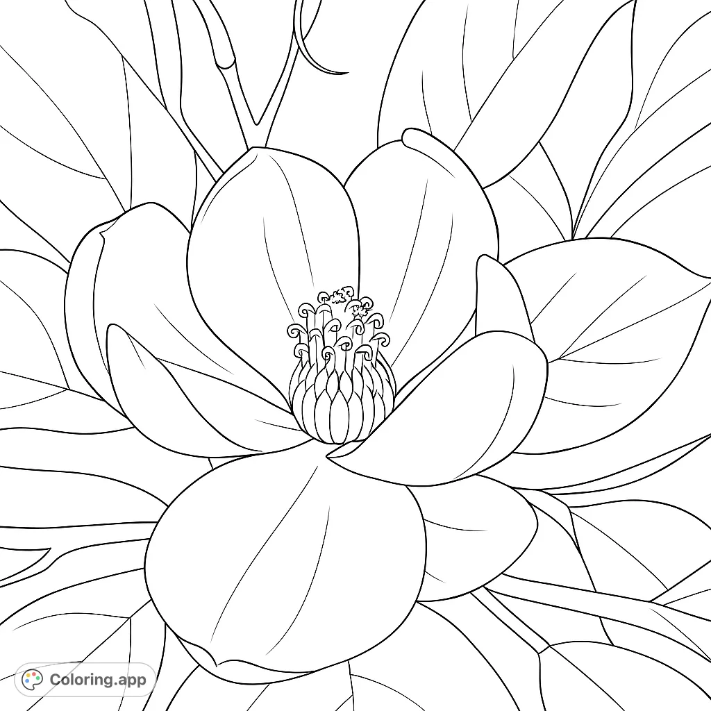 A beautiful magnolia flower with intricate details and lush leaves, perfect for a relaxing floral coloring page experience. A free printable.