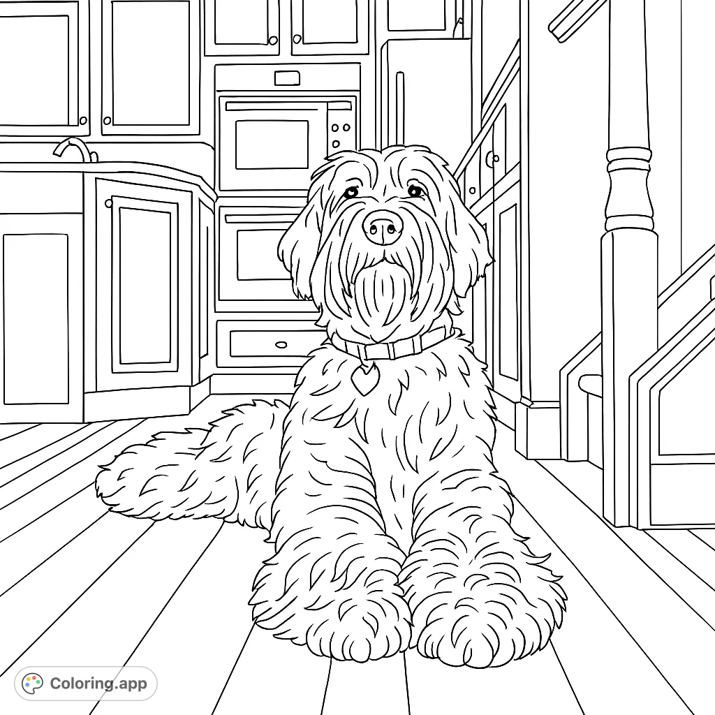 A charming Goldendoodle coloring page featuring a fluffy dog sitting in a cozy kitchen, perfect for pet lovers and all ages.