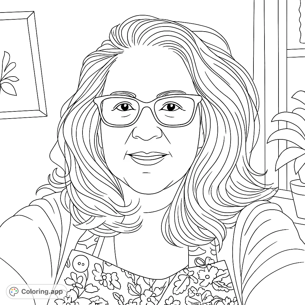 A friendly woman with glasses and wavy hair, wearing a floral apron, ready for a creative coloring adventure. A delightful portrait coloring page.