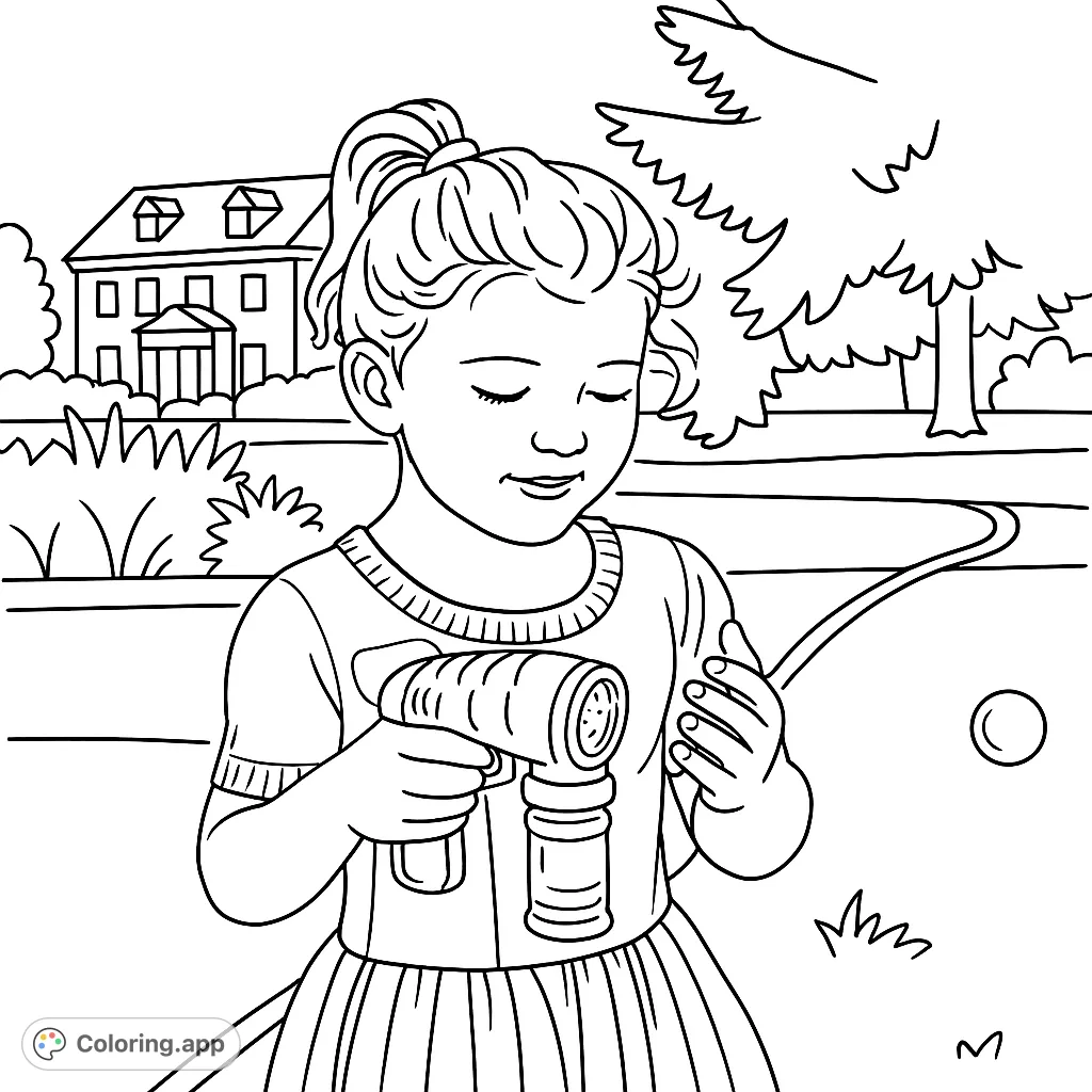 A delightful girl with a bubble gun in a charming outdoor scene, featuring a house and tree. Perfect for a fun, free printable coloring page for kids.
