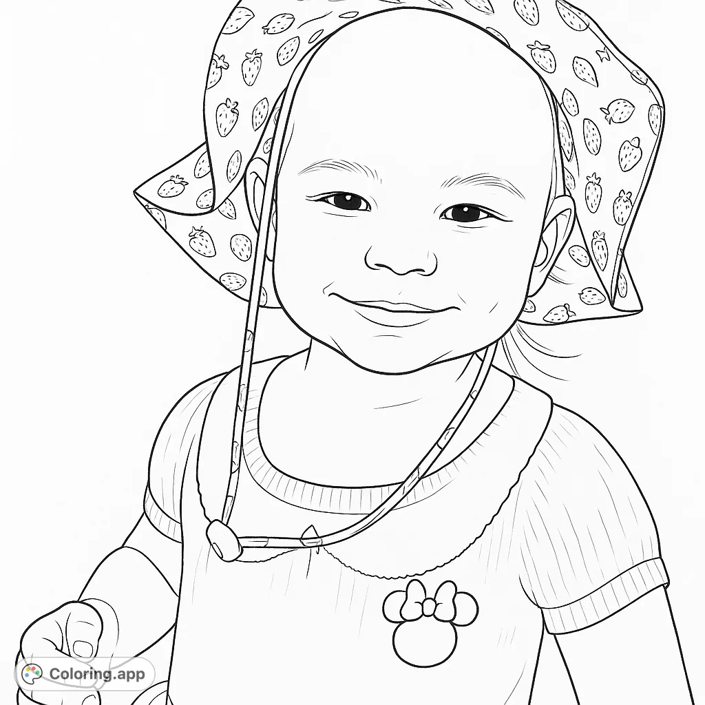 A cheerful baby in a strawberry-patterned hat, perfect for a delightful coloring experience. Free printable baby coloring page for kids and adults.