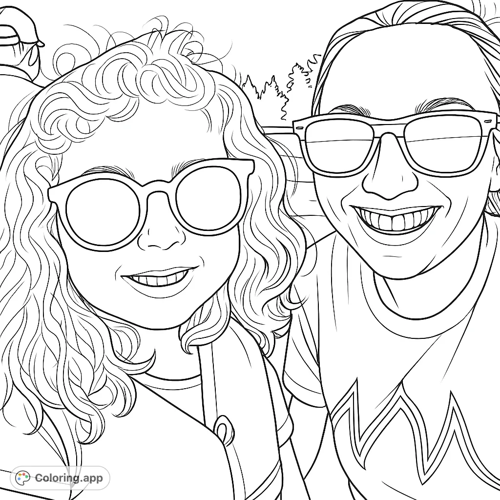 A heartwarming free printable coloring page featuring two smiling people in sunglasses, perfect for family fun. Capture their joy with vibrant colors!