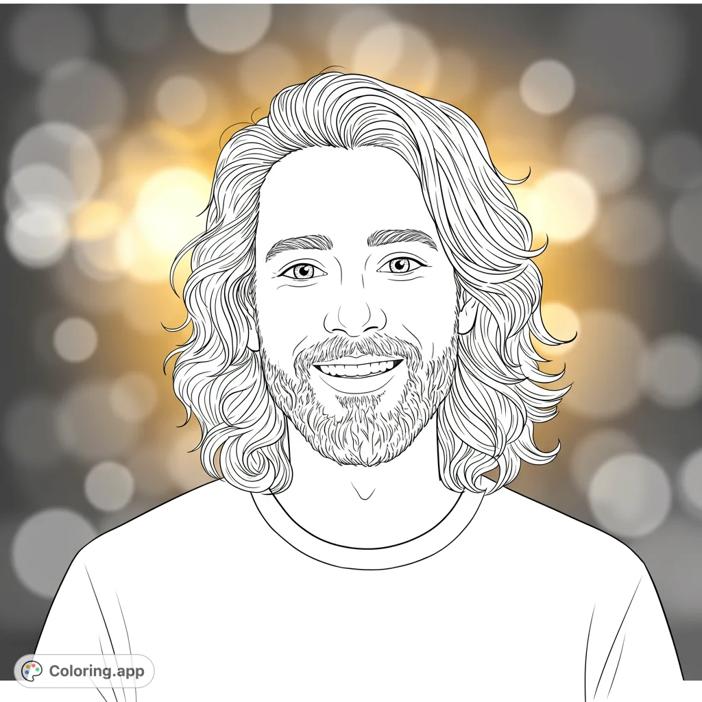 A friendly man with long wavy hair and a beard smiles warmly. A free printable portrait coloring page for all ages, perfect for creative expression.