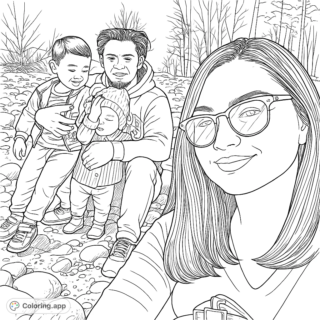 A heartwarming family portrait coloring page featuring a woman, man, and two children outdoors, perfect for all ages. Free printable family bonding activity.
