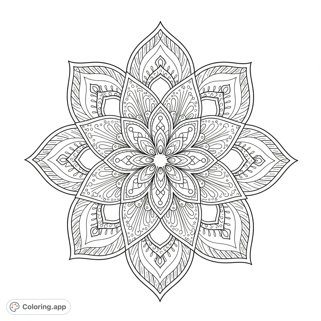 An intricate floral mandala coloring page featuring symmetrical petal designs and detailed patterns for mindful coloring and relaxation.