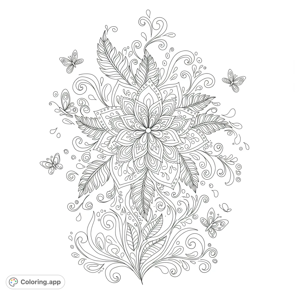 Discover an intricate floral mandala adorned with delicate feathers and swirling vines, surrounded by graceful butterflies. A beautiful nature-inspired design for mindful coloring.
