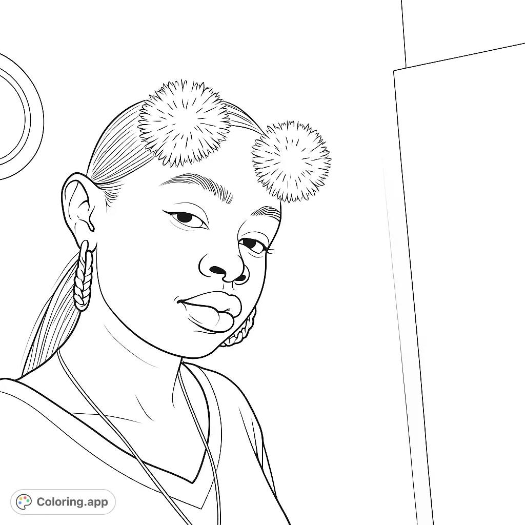 A stylish portrait of a young woman with unique pom-pom hair accessories and braided earrings. A free printable fashion coloring page for all ages.