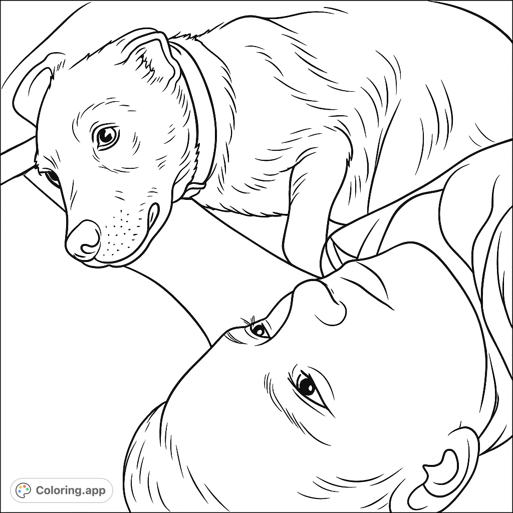 A heartwarming pet companion coloring page featuring a person and their dog snuggled close. Perfect for animal lovers and cozy moments.
