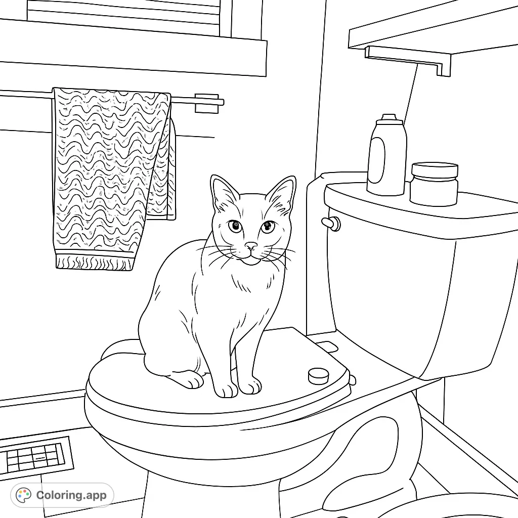 A charming cat sits on a toilet lid in a detailed bathroom scene, perfect for a fun cat coloring page. Free printable coloring page for all ages.