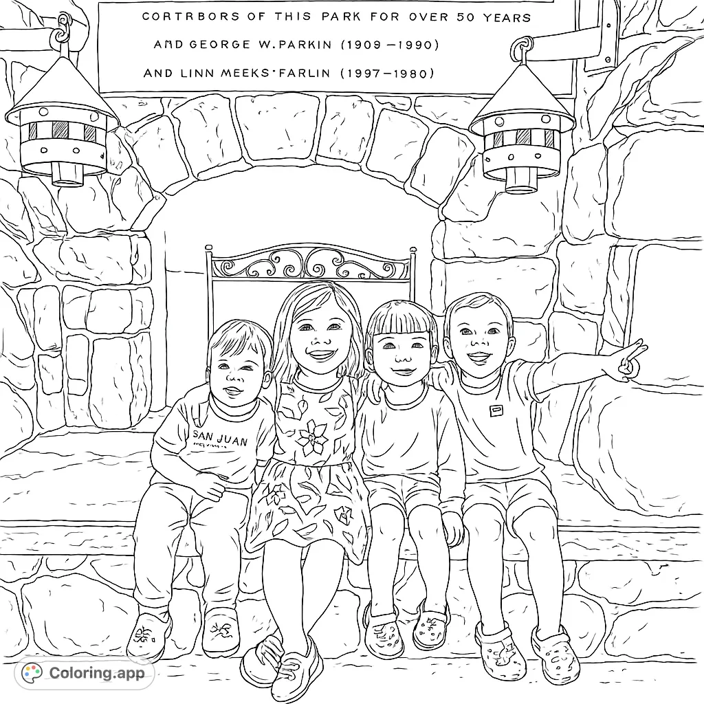 Four smiling children sit on a stone bench under an archway with lanterns. A charming scene for a free printable family coloring page, perfect for kids and adults.