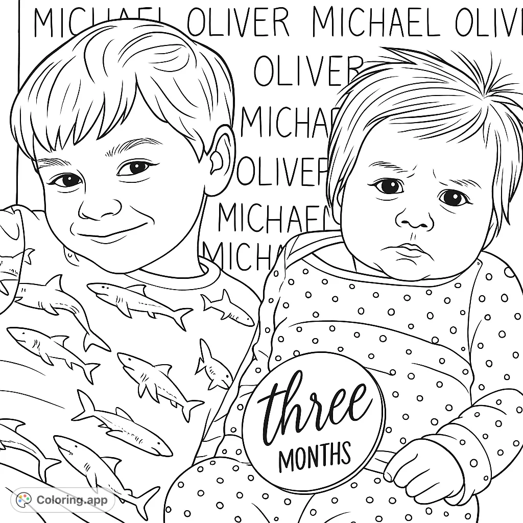 A heartwarming siblings coloring page featuring a smiling boy and a cute baby with a polka dot onesie. Perfect for family fun!