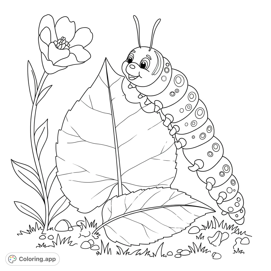 A happy caterpillar smiles on a large leaf, surrounded by a blooming flower and grassy ground. A delightful nature scene for all ages to color!