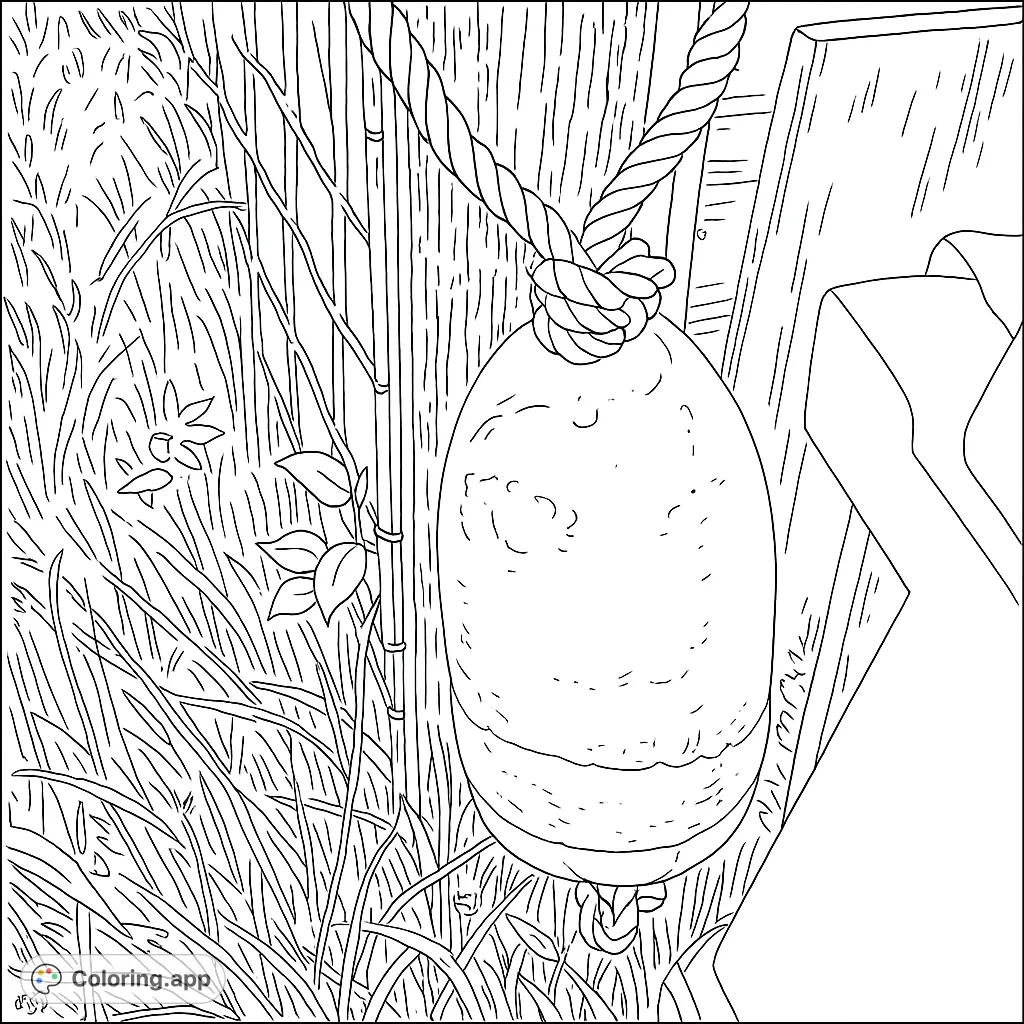 A rustic fishing buoy with a knotted rope, hanging by a wooden post amidst tall grass. Perfect for a nautical coloring page for all ages.