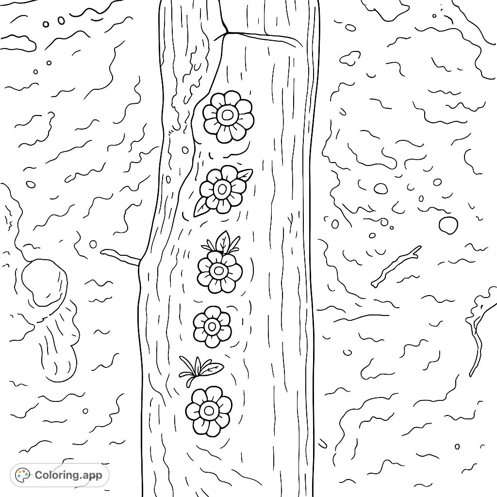 Discover a unique nature art piece: a weathered driftwood log adorned with delicate flowers and textured mounds. A free printable nature coloring page for all ages.