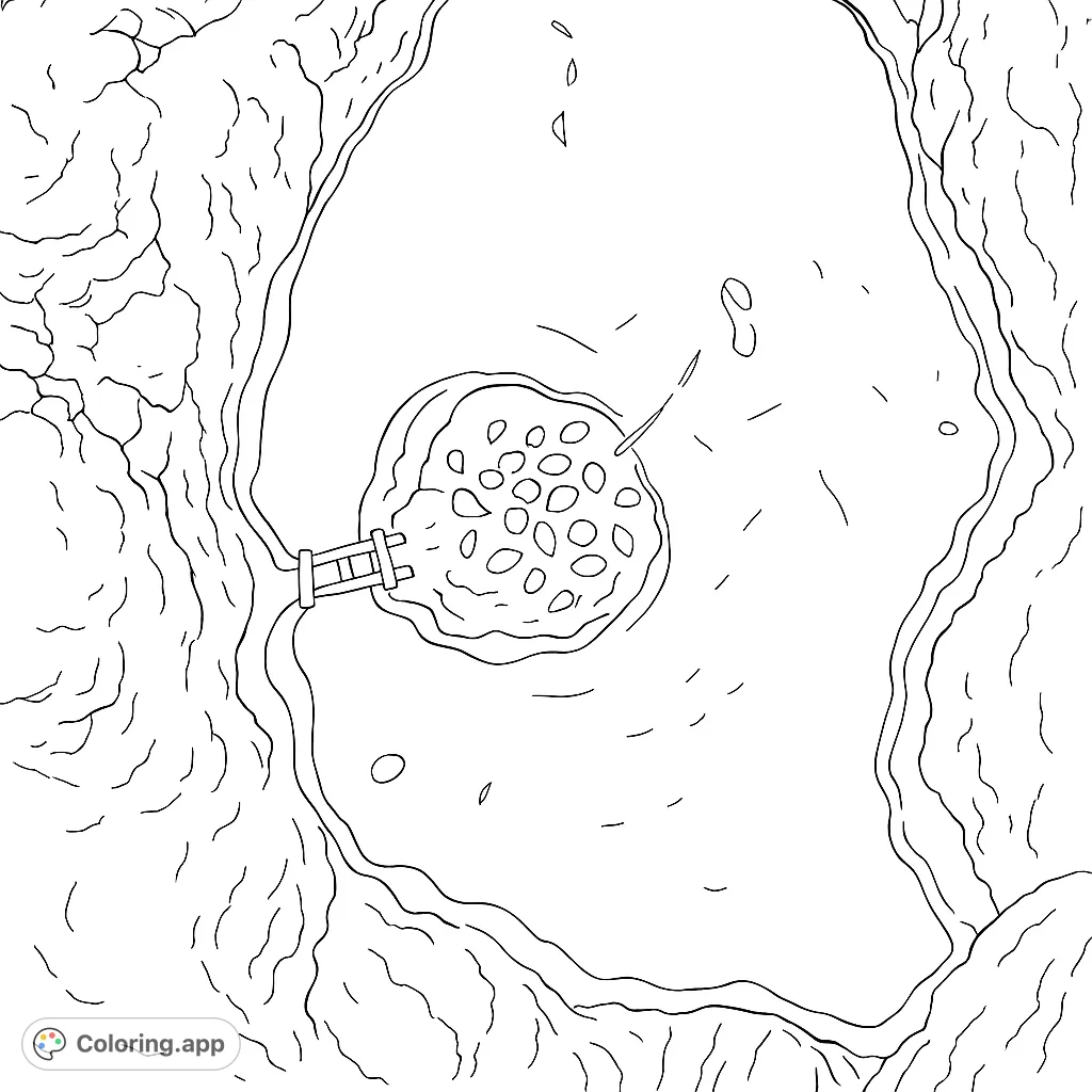 Explore a peaceful lake scene from above, featuring a stone-filled island connected by a charming wooden bridge. A free printable nature coloring page.