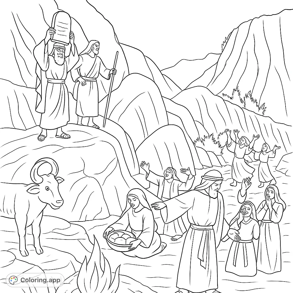 A dramatic biblical scene featuring Moses with the Ten Commandments, a golden calf, and a worshipping crowd amidst rocky mountains. Free printable religious coloring page for all ages.