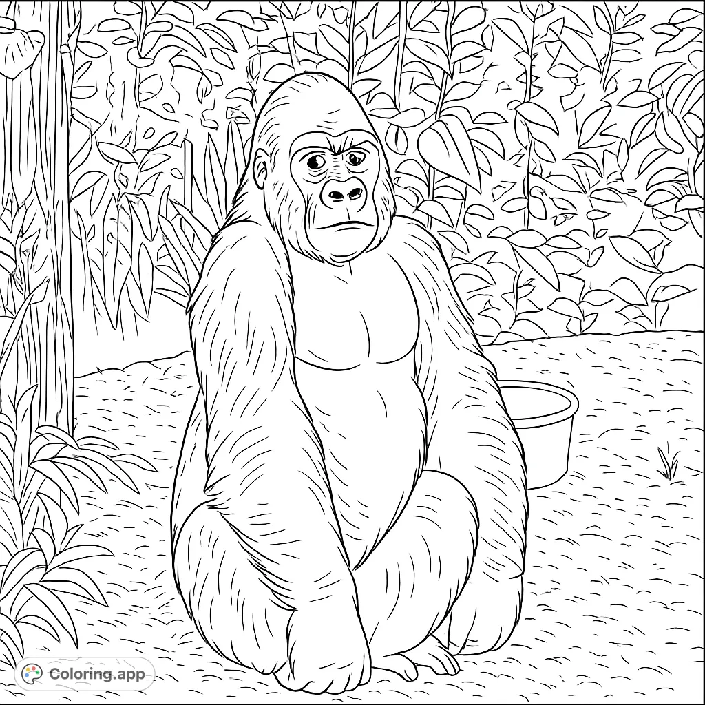 A powerful gorilla sits thoughtfully amidst lush jungle foliage. This free printable gorilla coloring page offers a detailed scene for all ages to enjoy.