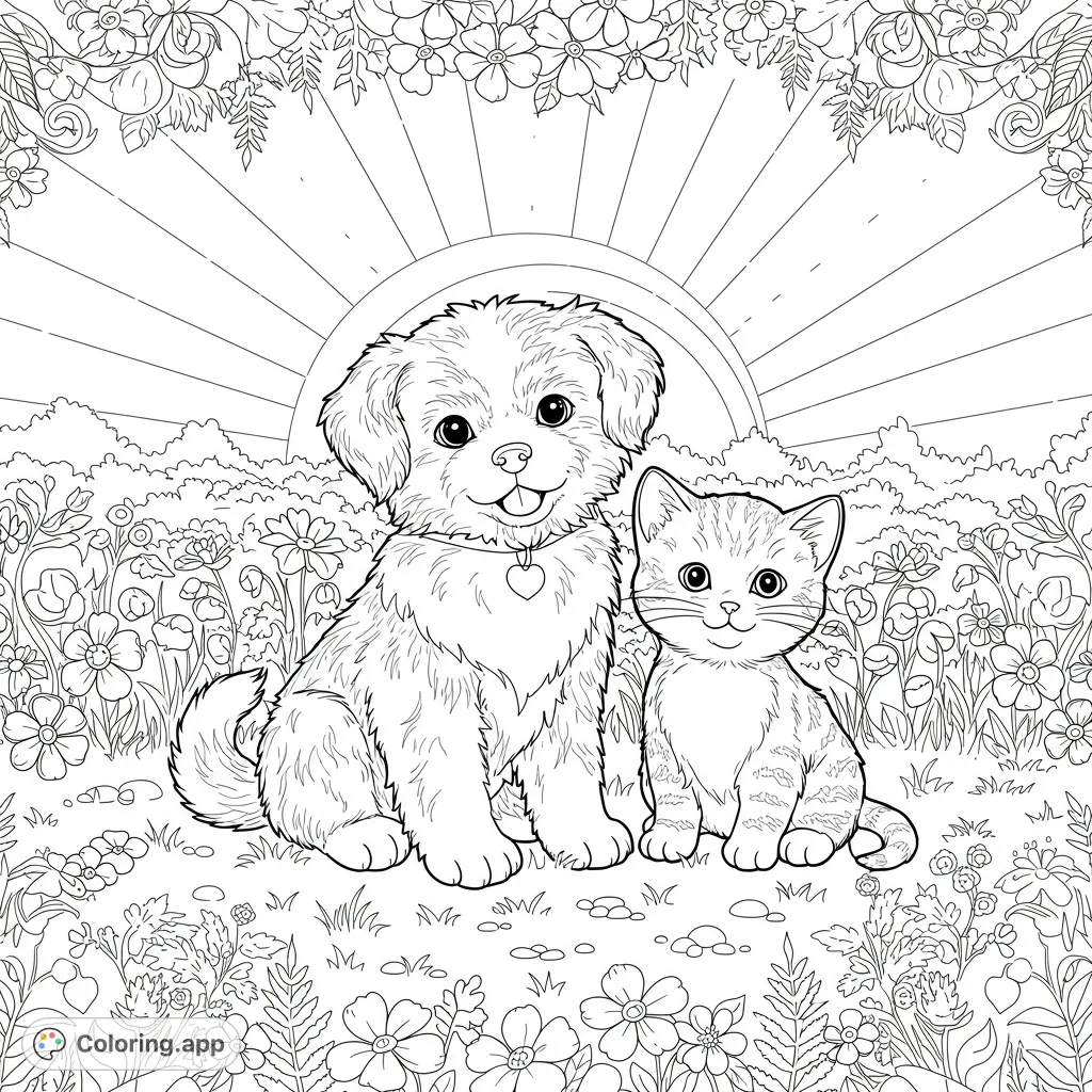 Adorable puppy and kitten in a vibrant flower field under a radiating sun. A charming free printable coloring page for kids and adults.