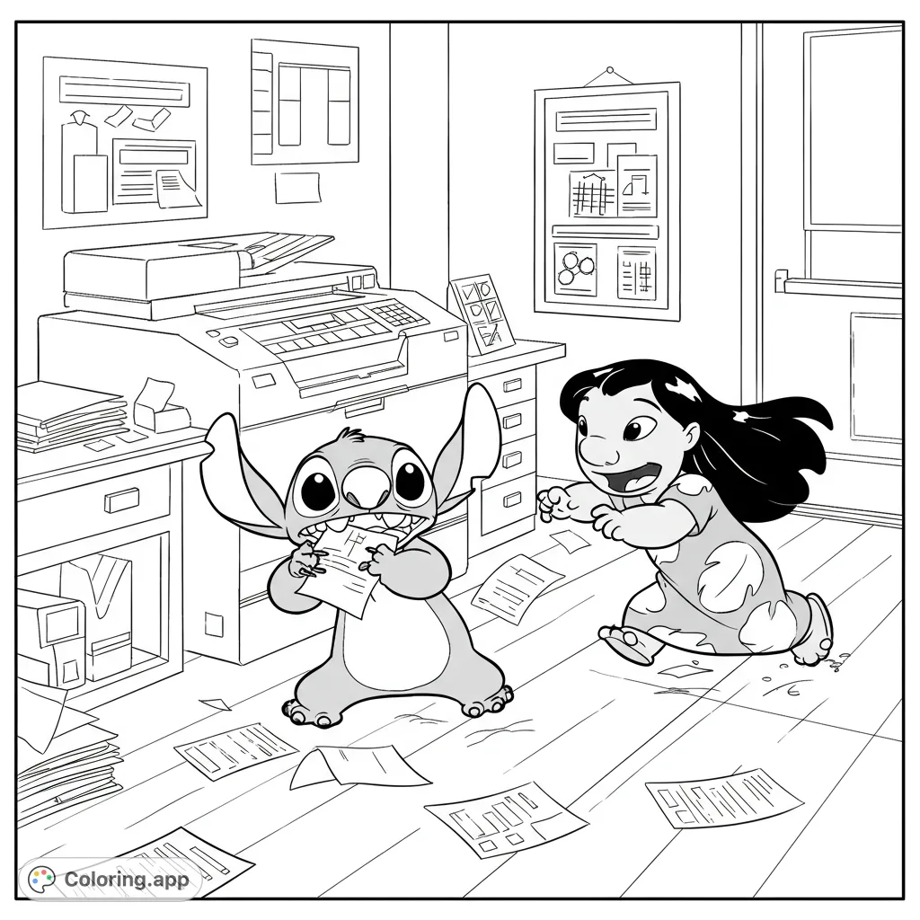 Join Stitch and Lilo in a chaotic office adventure! Stitch shreds papers while Lilo chases him in this fun, free printable coloring page.