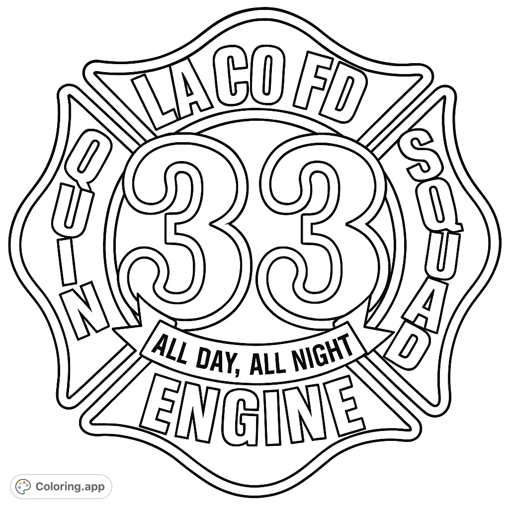 Bold firefighter Maltese cross emblem with "33" at its heart, surrounded by text. A powerful symbol ready for vibrant colors.