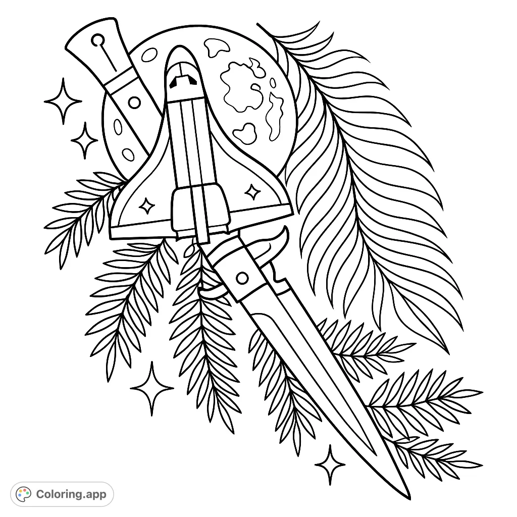 Explore a unique space adventure with a detailed space shuttle, a mystical sword, and a planet surrounded by lush leaves. A free printable coloring page for all ages!