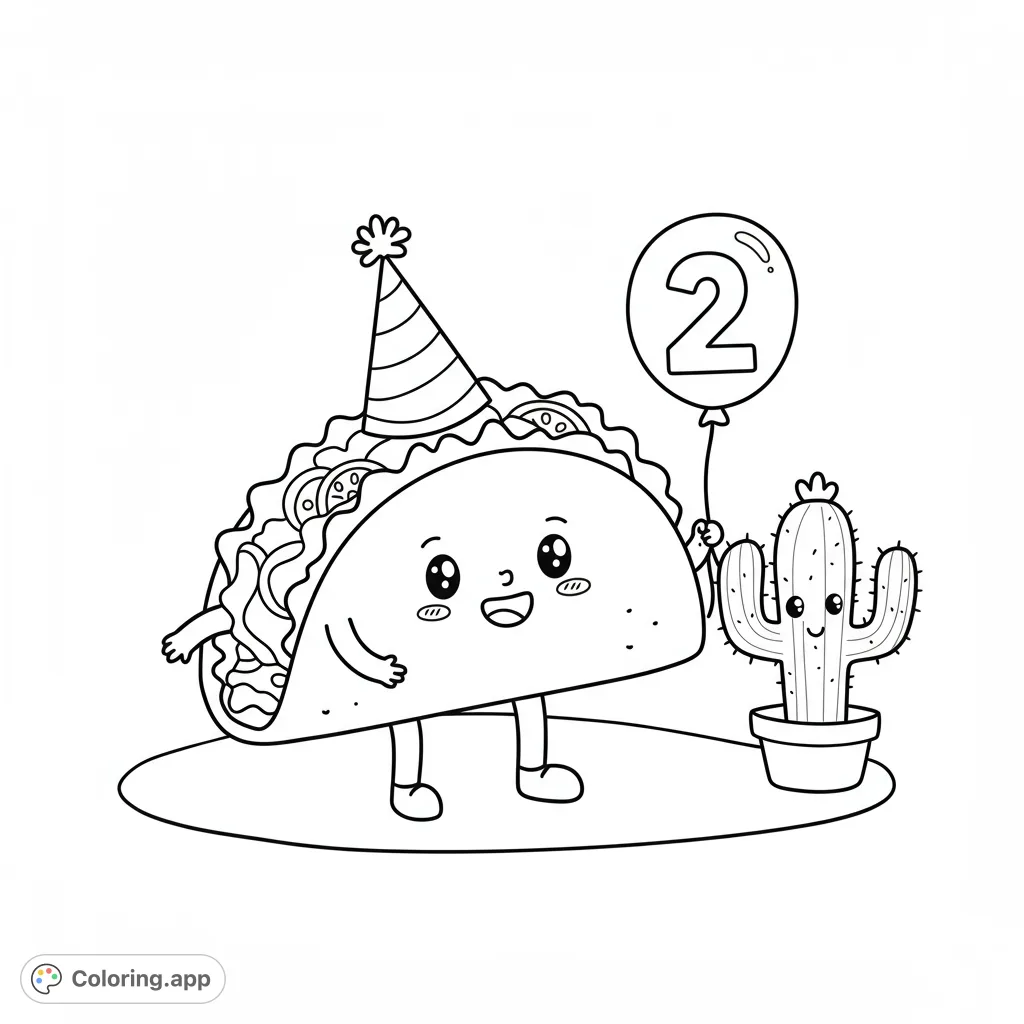 Celebrate with a cute taco in a party hat holding a '2' balloon, alongside an adorable potted cactus. A festive and fun free printable coloring page!