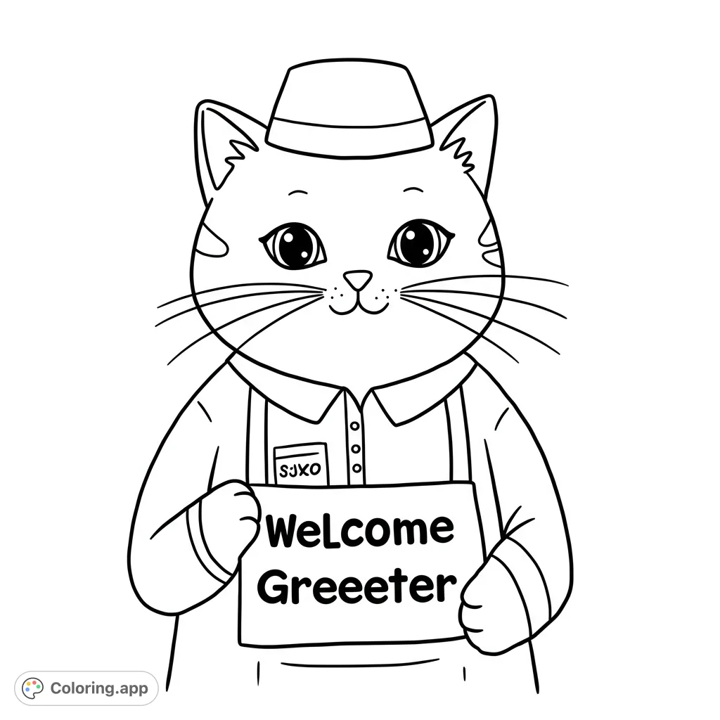 A charming cat in a hat and suspenders holds a sign, ready to welcome. A delightful, free printable cat coloring page for kids and adults to enjoy!