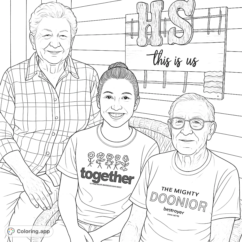 A heartwarming family portrait featuring three generations, perfect for a personalized family coloring page. Celebrate togetherness!