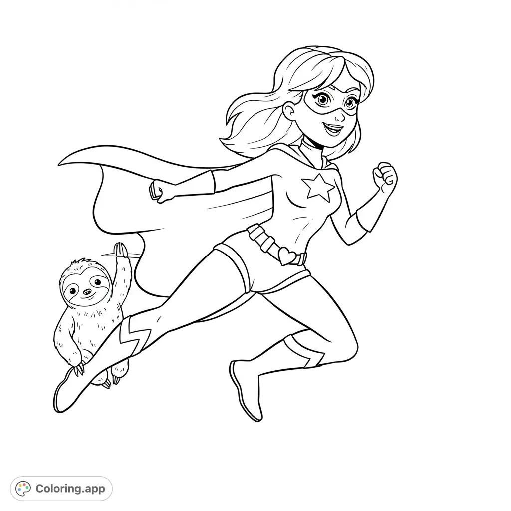 An action-packed superhero and her adorable sloth sidekick leap into adventure! A free printable superhero coloring page for all ages.