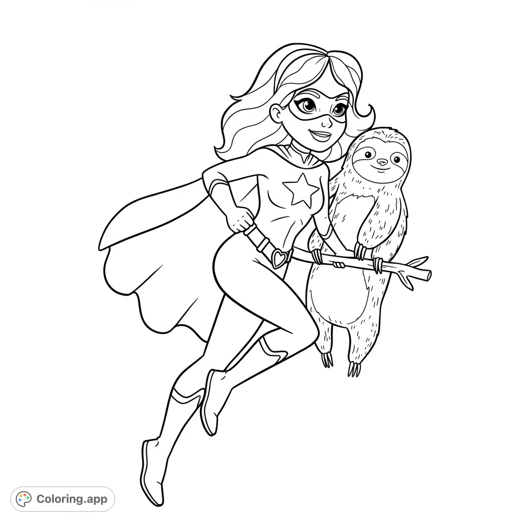 Dynamic superhero and her smiling sloth companion in a fun, action-packed scene. A free printable superhero coloring page for kids and adults.
