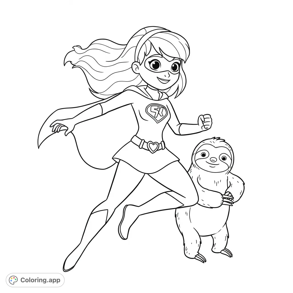 A dynamic superhero girl and her adorable sloth sidekick ready for action! A fun, free printable coloring page for kids and adults.