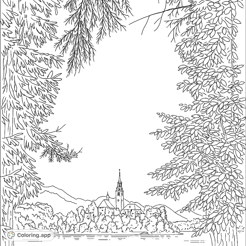 Discover a stunning European landscape coloring page featuring a charming island church, a majestic castle, and towering mountains framed by lush trees.
