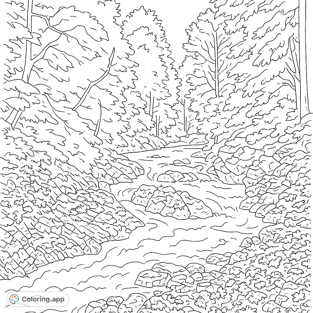 Immerse in a detailed nature coloring page featuring a dynamic river flowing through a rocky forest. A free printable nature coloring page for all ages.