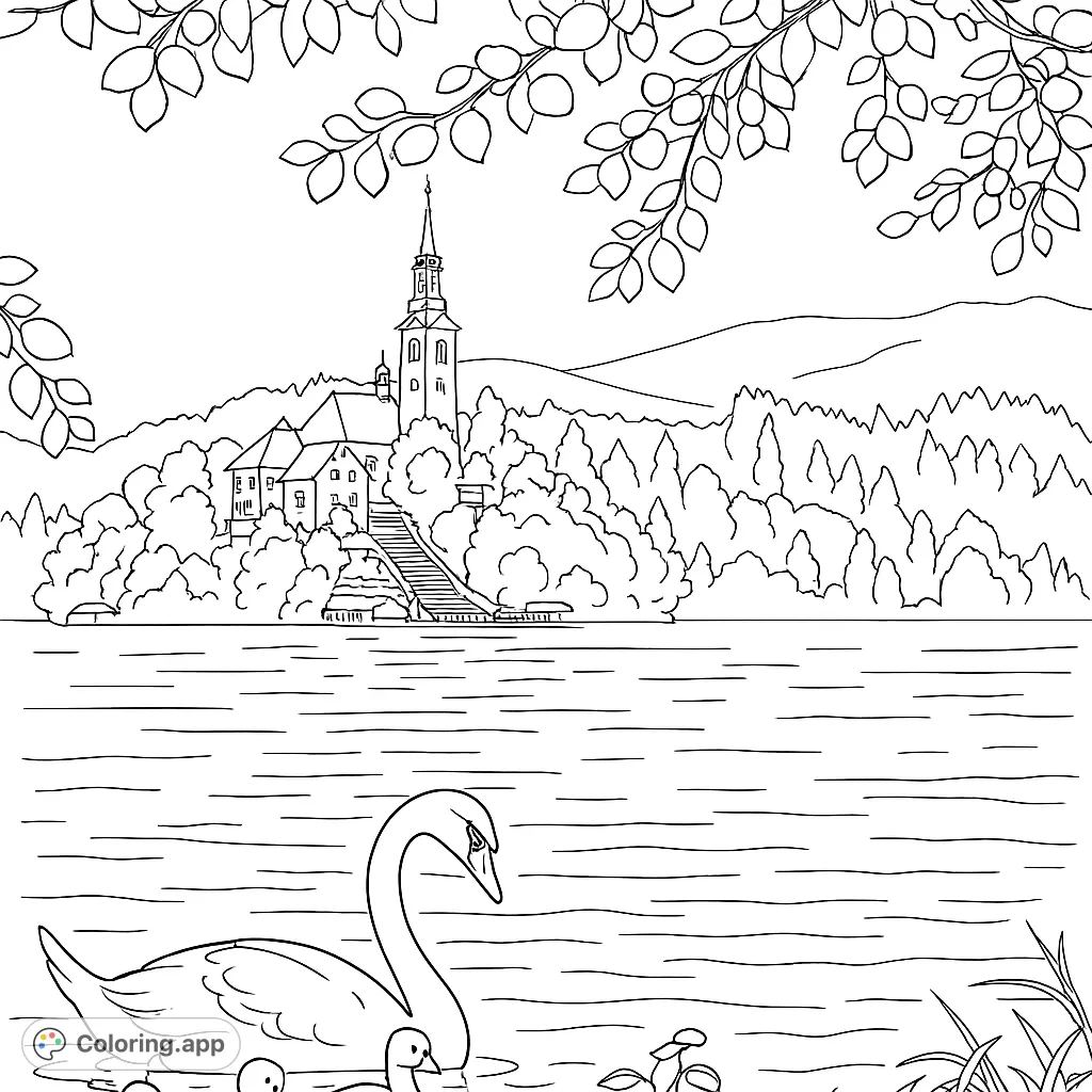 A serene lake scene featuring a graceful swan and cygnets, an island church, and lush mountains. A beautiful nature and architecture coloring page.