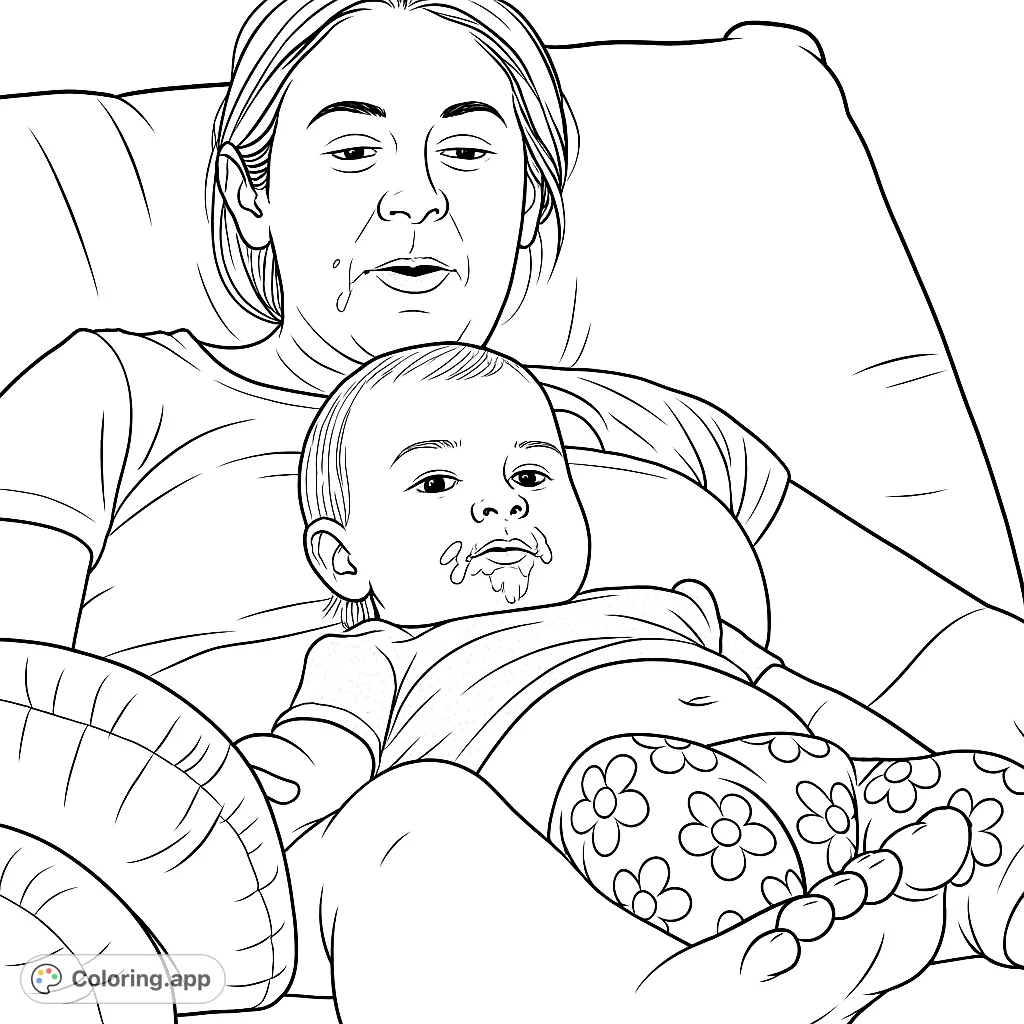 Heartwarming mother and baby moment, featuring a sweet, messy baby on mom's lap. A perfect family bonding coloring page for all ages.