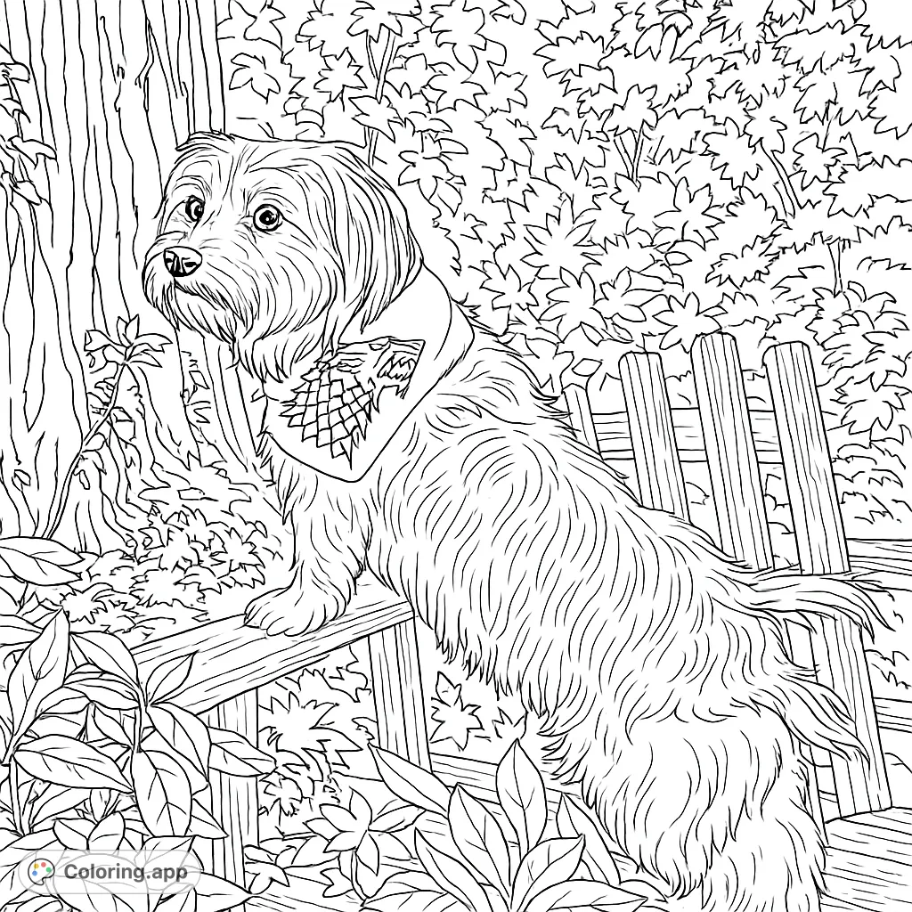 A charming shaggy dog with a wolf emblem bandana stands on a fence amidst lush foliage. A delightful free printable dog coloring page for all ages.